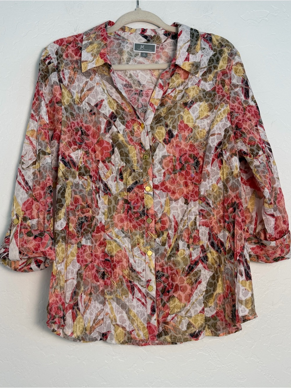 JM Collection Women's Size 14 Blouse Burnout Crinkle Warm Colors collared